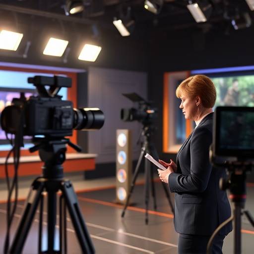 뉴스 스튜디오에서 앵커가 생방송 뉴스를 진행하고 있고, 카메라와 조명 장비가 보인다.
