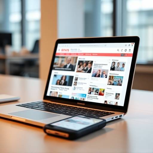 디지털 기기 (노트북, 스마트폰) 화면에 다양한 뉴스 웹사이트와 소셜 미디어 플랫폼이 표시되어 있다.