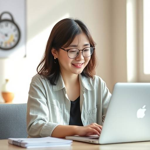 최지혜 교수의 사진. 편안한 캐주얼 복장을 입고 노트북을 사용하는 모습.