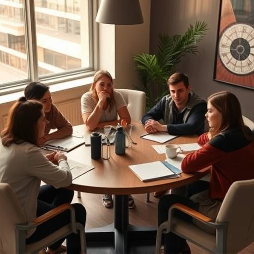 학생들이 원탁에 둘러앉아 진지하게 저널리즘 윤리에 대해 토론하고 있는 모습.